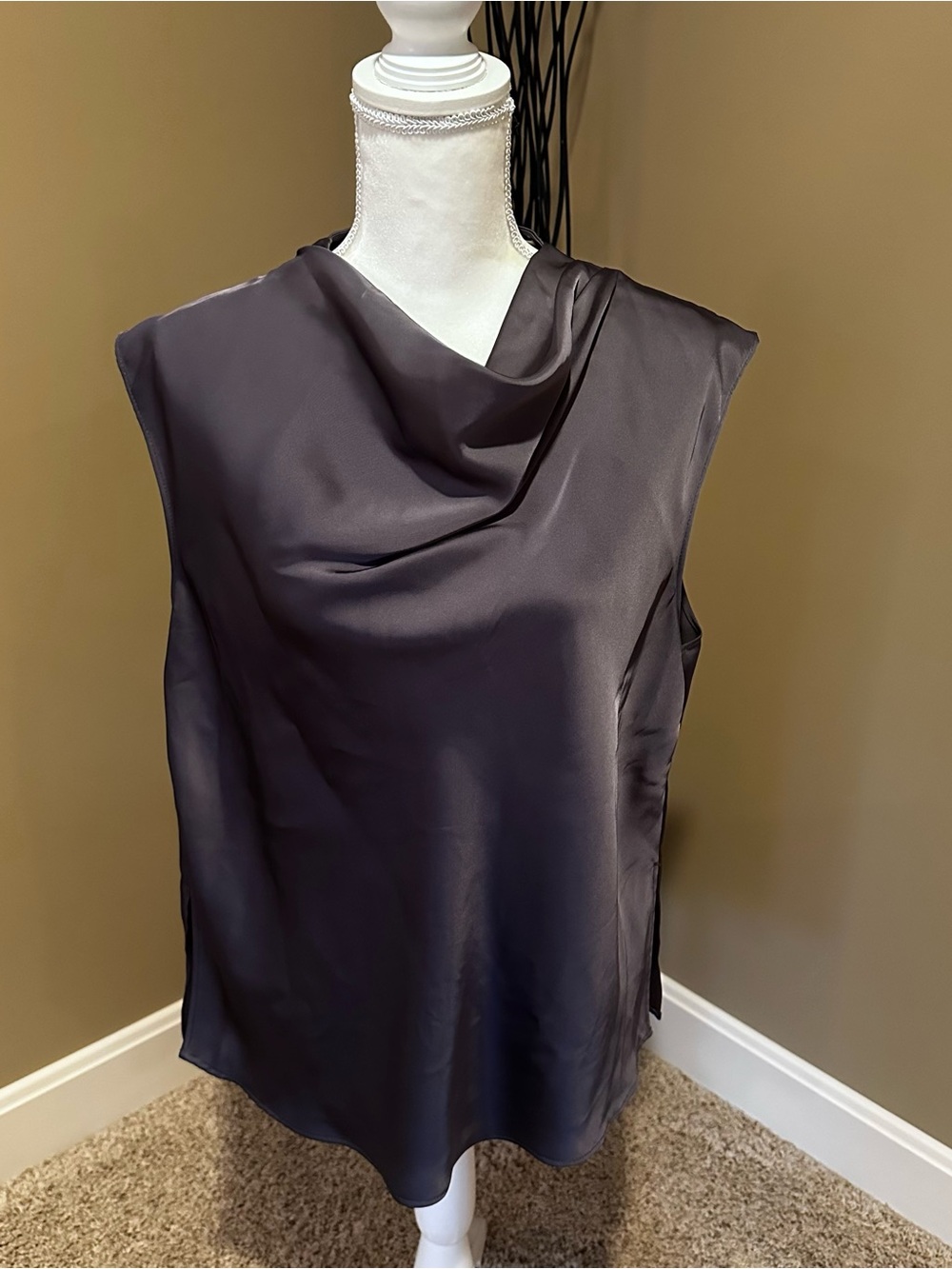 Calvin Klein Sleeveless Satin Drape Neck Top - Charcoal Gray